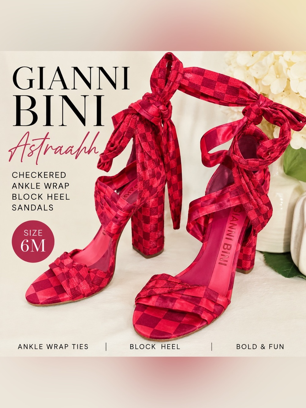 Gianni Bini Astraahh Red Checkered Ankle Wrap Block Heel Sandals 6M